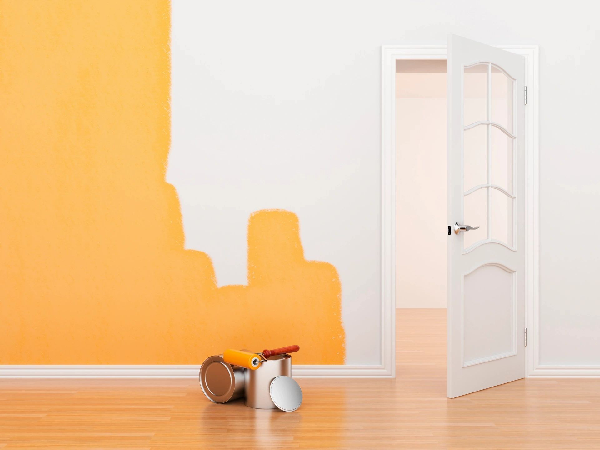 A room is being painted orange and white and a door is open.