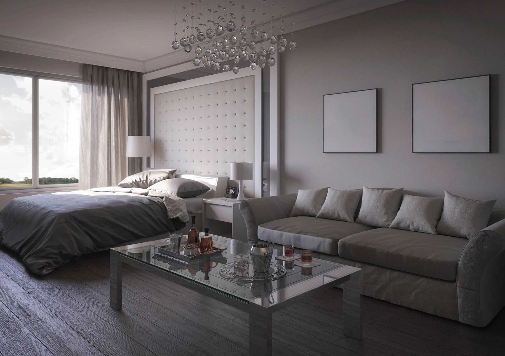 A living room with a couch , a bed , and a coffee table.