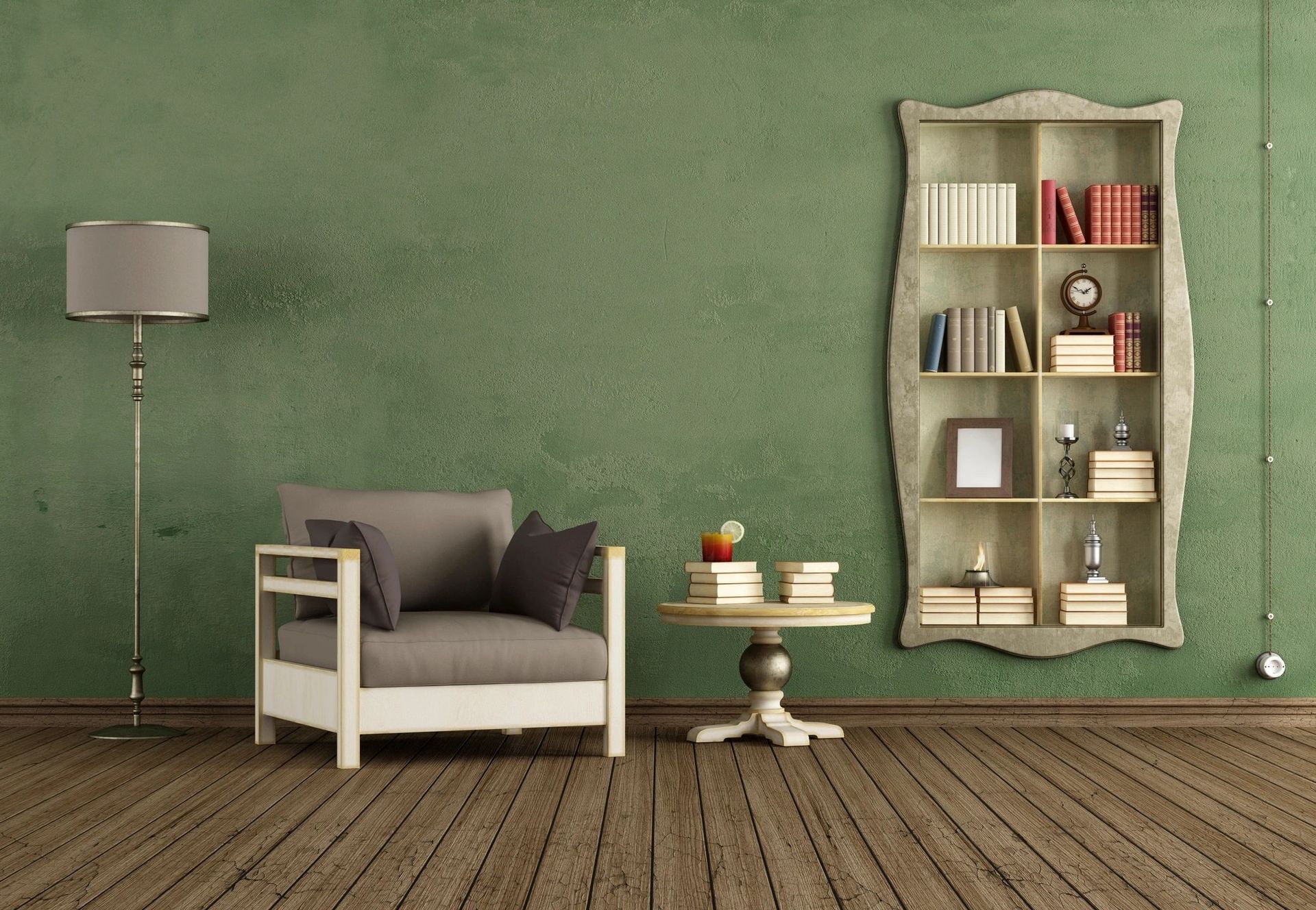 A living room with a chair a table and a bookshelf
