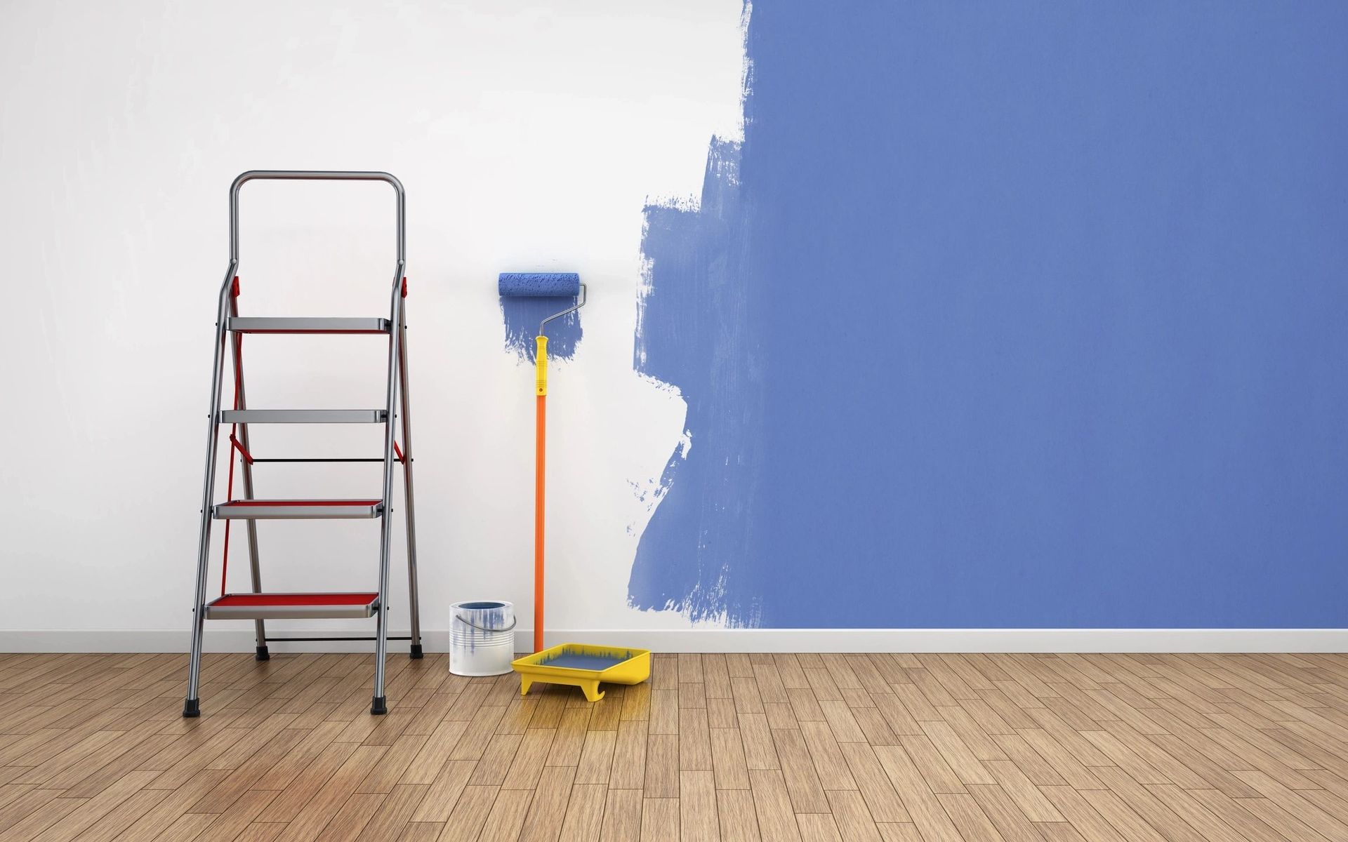 A room with a blue wall being painted and a ladder.