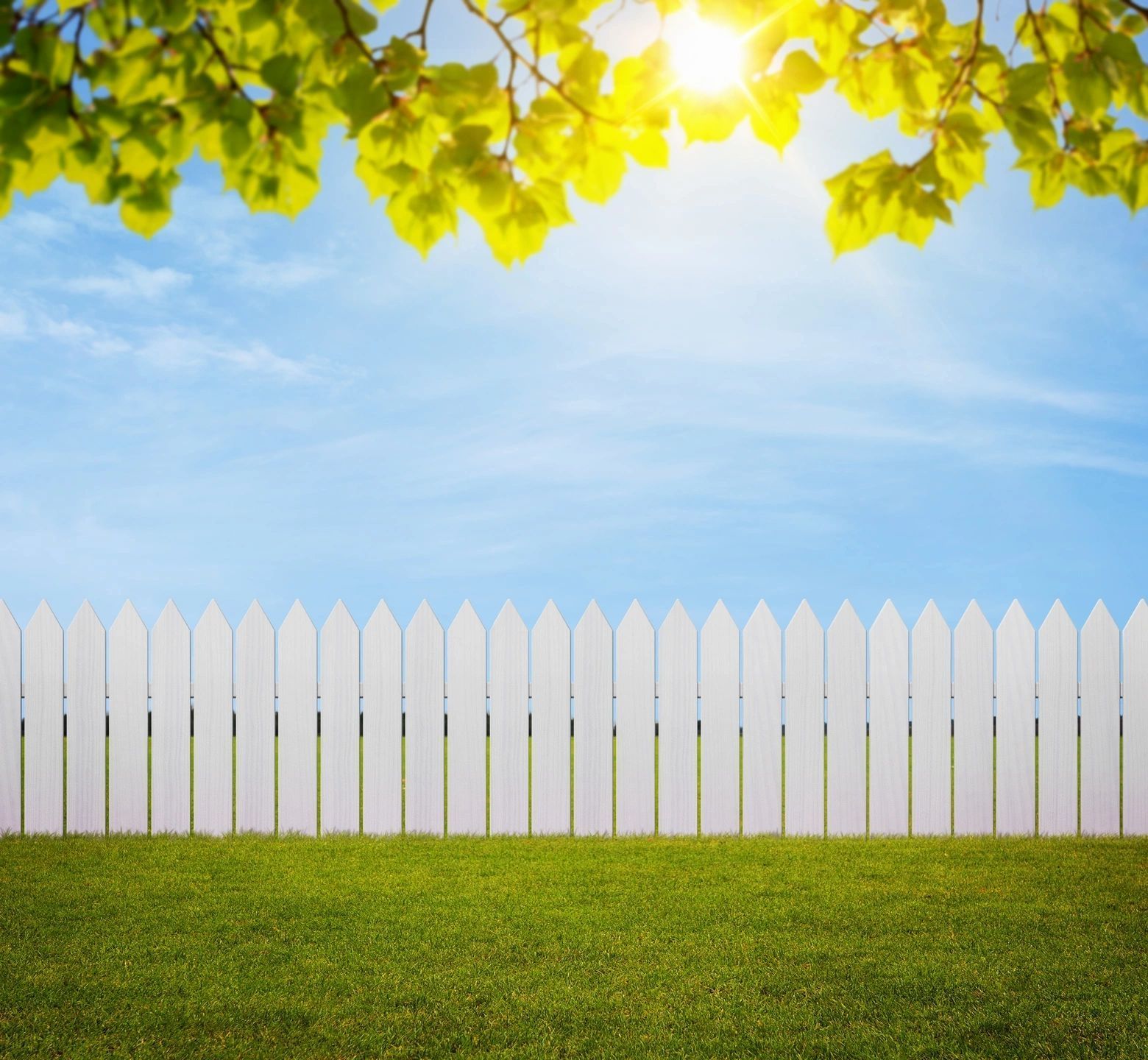 A white picket fence surrounds a lush green field.