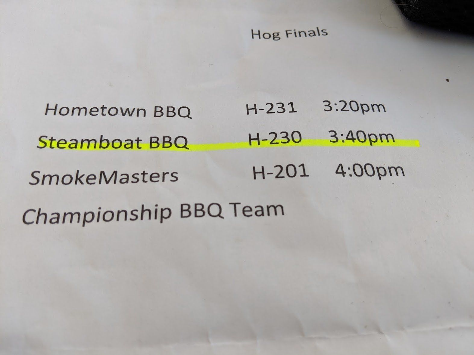 A sheet of paper that says hometown bbq steamboat bbq smokemasters championship bbq team