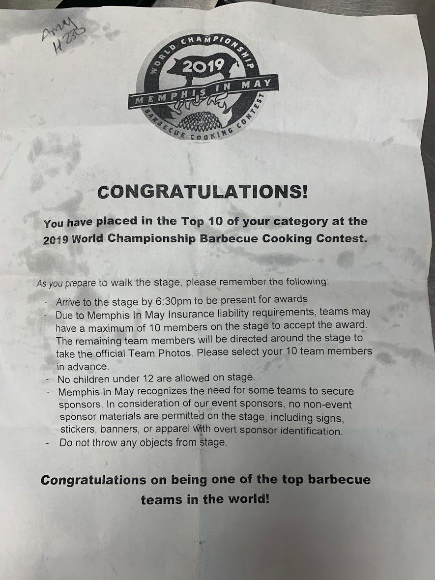 A piece of paper that says congratulations on being one of the top barbecue teams in the world