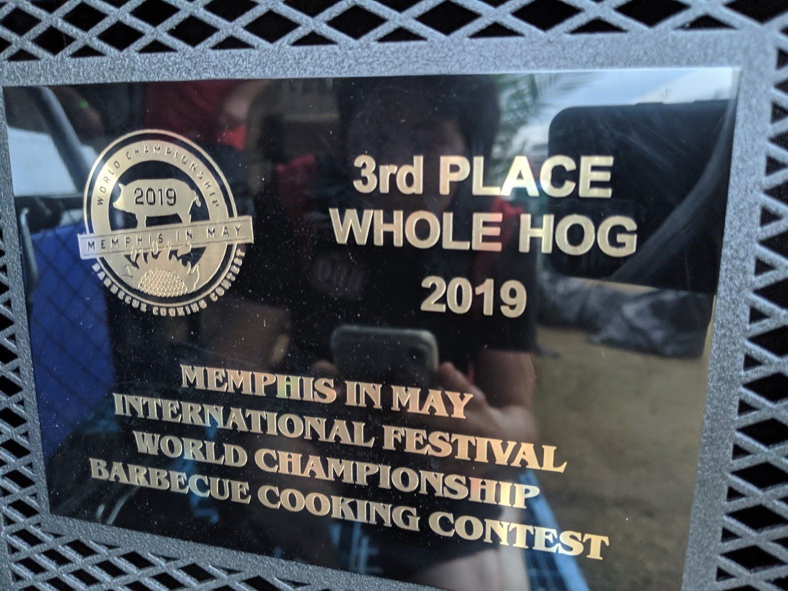 A plaque that says 3rd place whole hog 2019