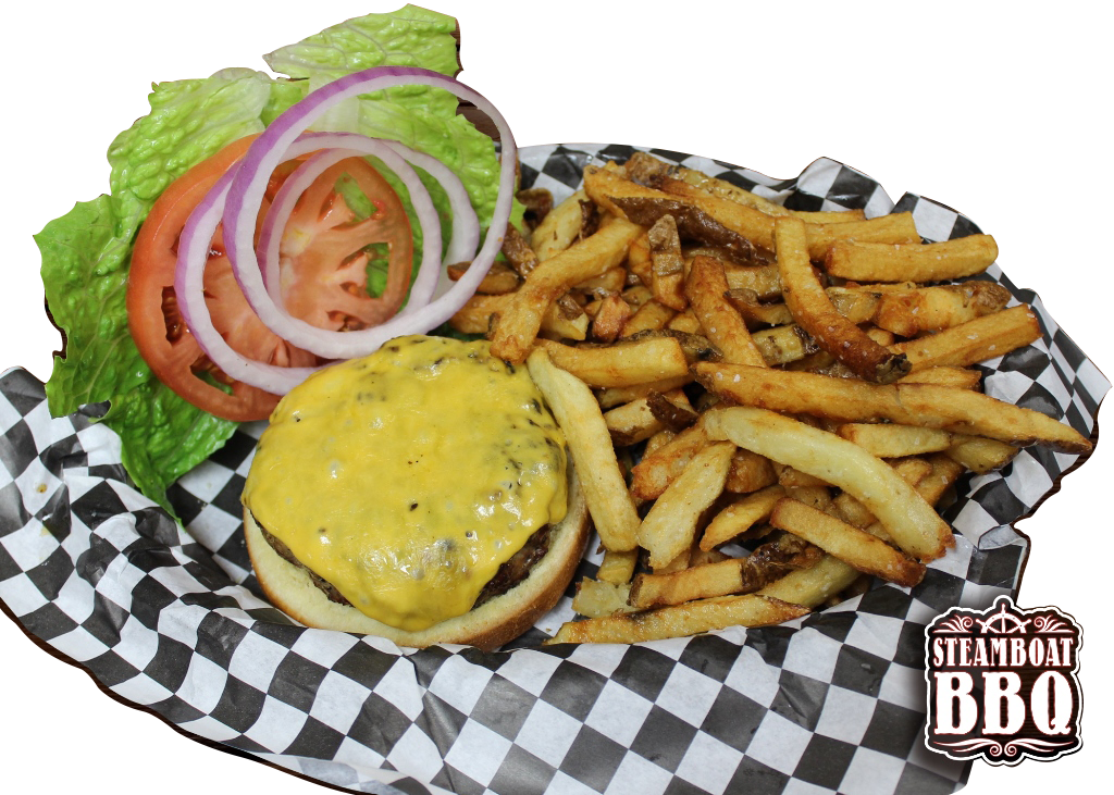 A hamburger and french fries on a checkered paper