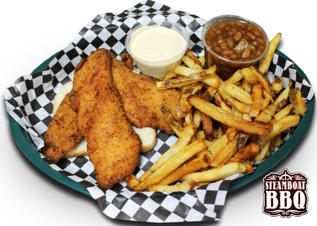 A plate of chicken tenders french fries and baked beans