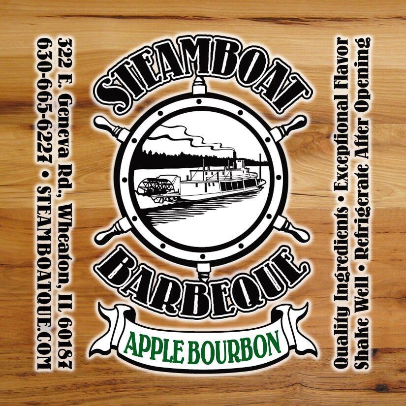 A logo for steamboat barbeque apple bourbon