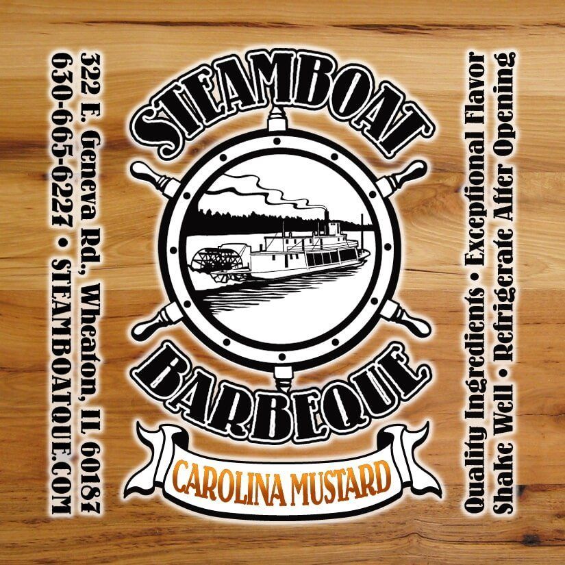 A logo for steamboat barbeque carolina mustard