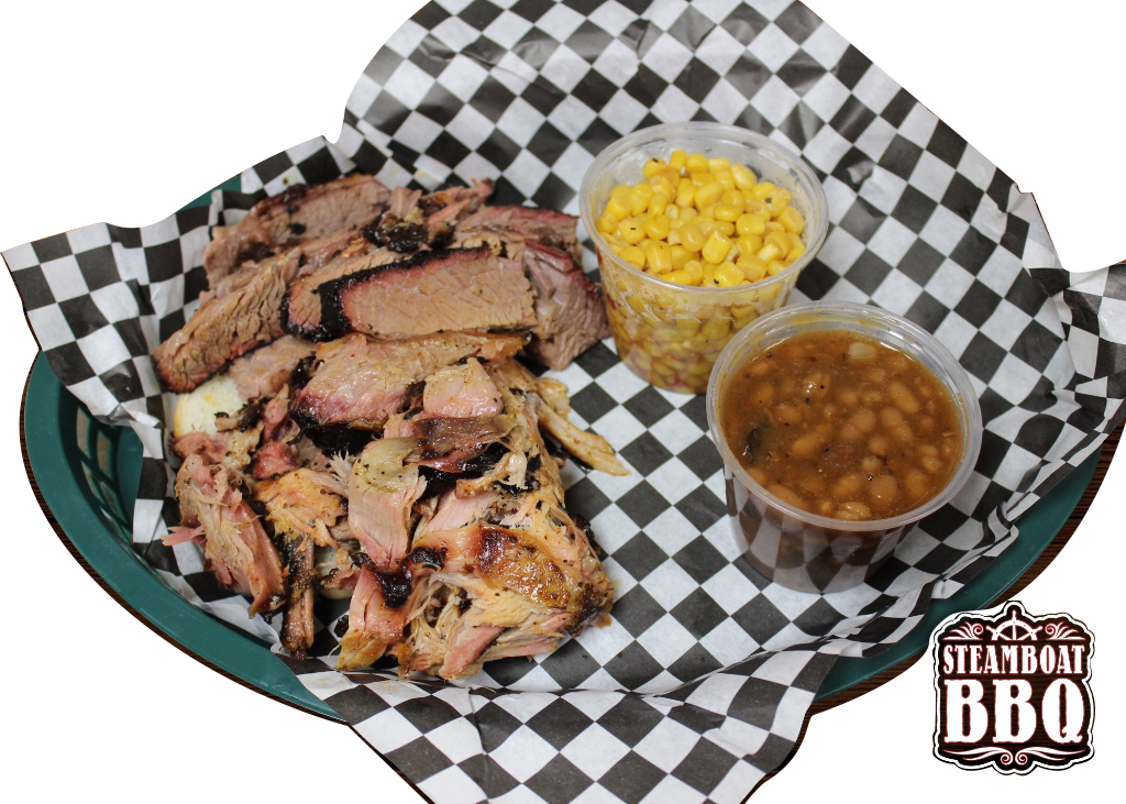 A plate of food with beans and corn on a checkered paper