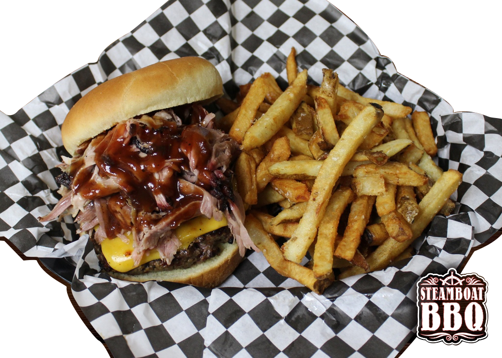 A hamburger and french fries on a checkered paper