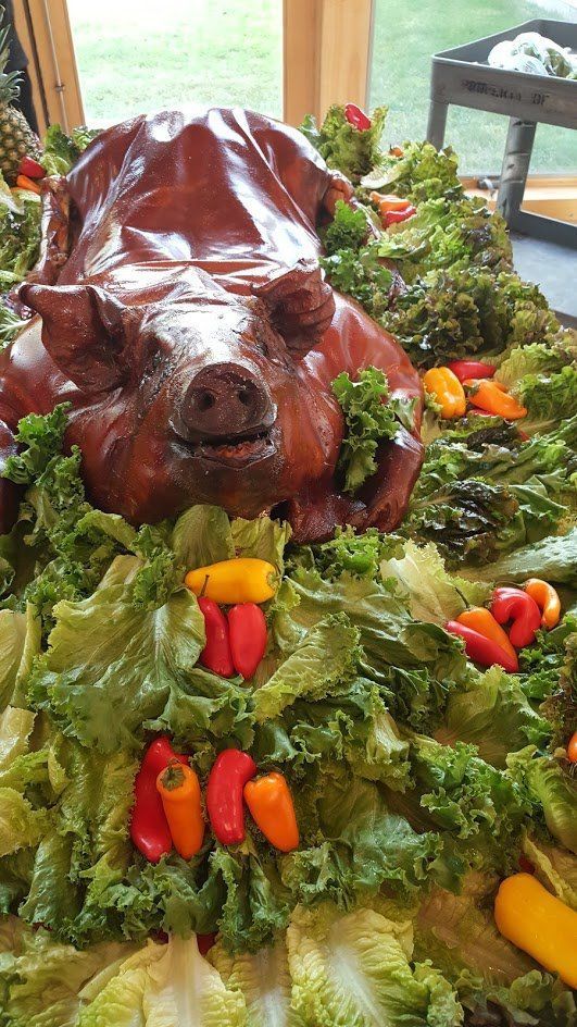 A pig is laying on a bed of lettuce and vegetables.