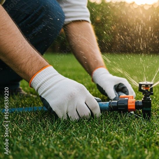 Close-up of irrigation repair to improve lawn watering coverage