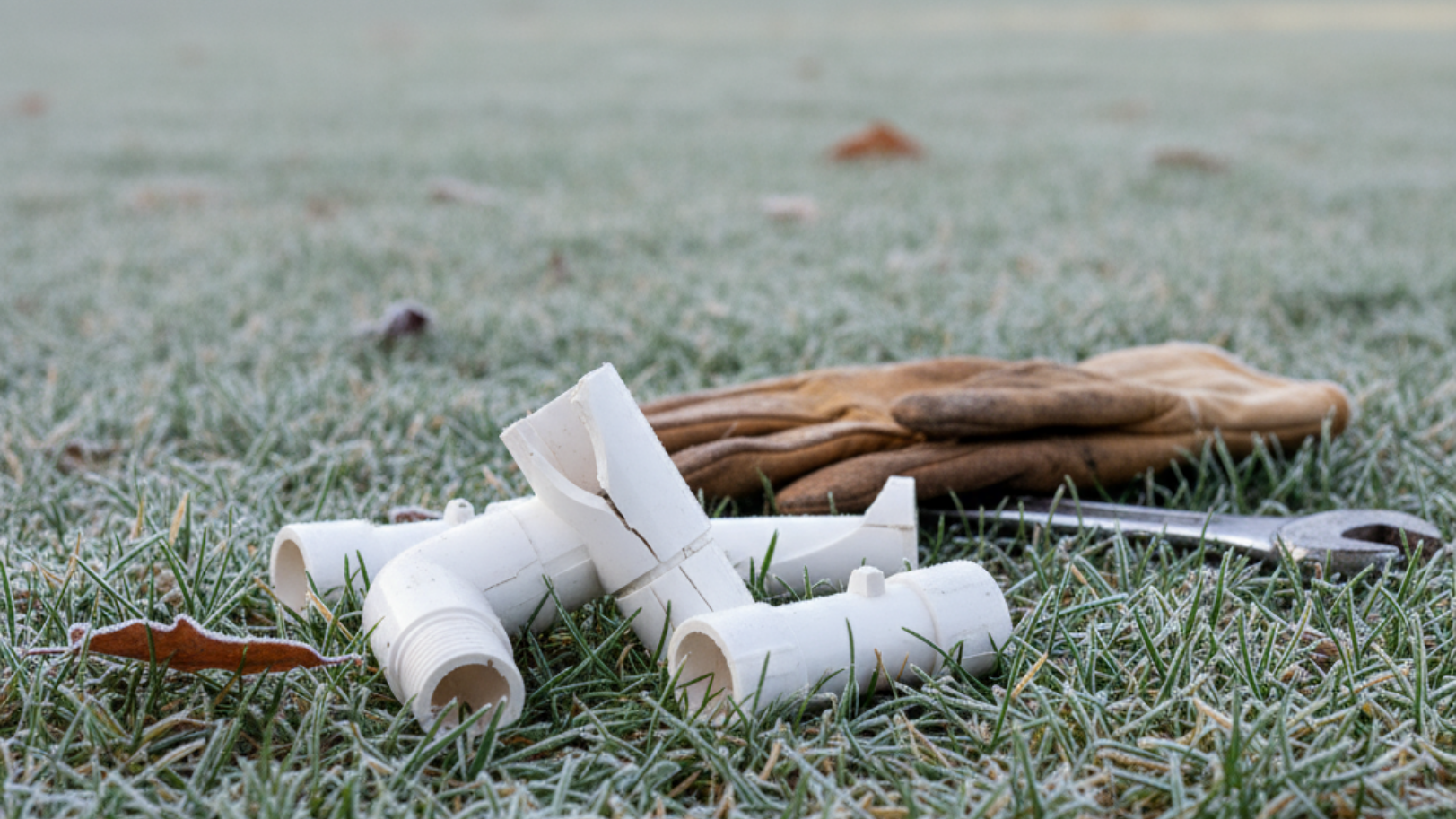 Damaged irrigation pipe sections on a frost-covered lawn.