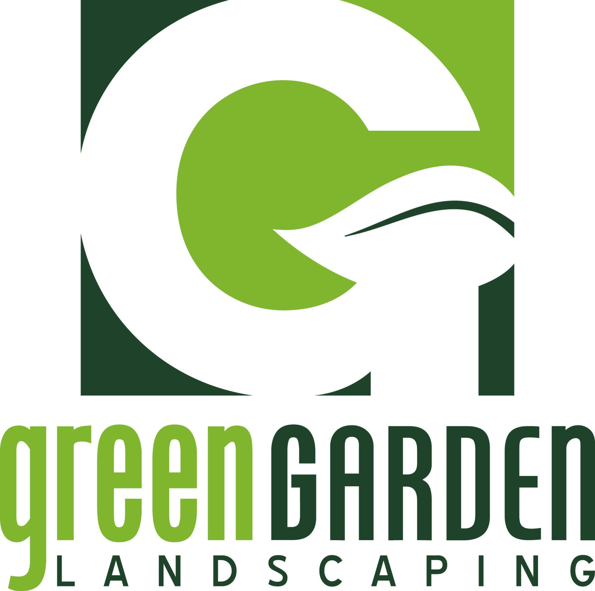 a logo for green garden landscaping with a leaf in the middle .