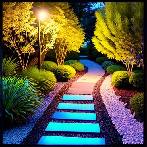 A path in a garden is lit up at night