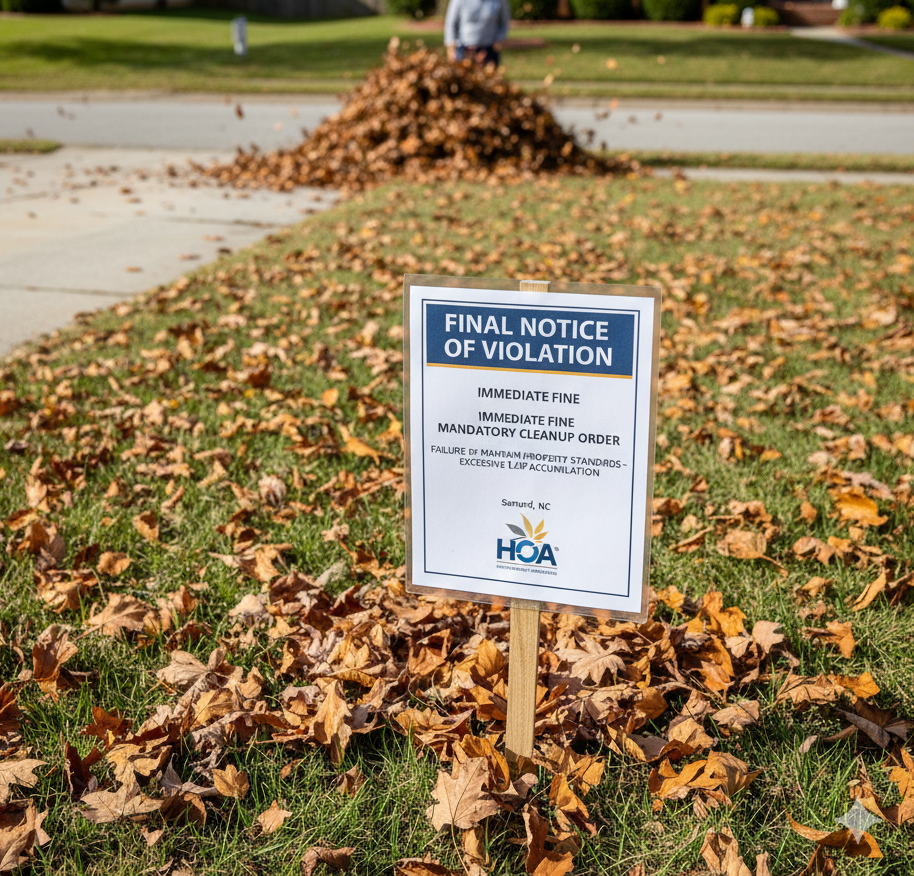 Leaf piles on a residential lawn in North Carolina with an HOA violation sign, highlighting the importance of regular leaf removal and property compliance.