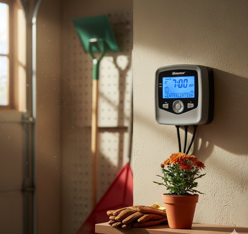 Mounted irrigation controller in a garage during fall, suggesting the need for winter prep.