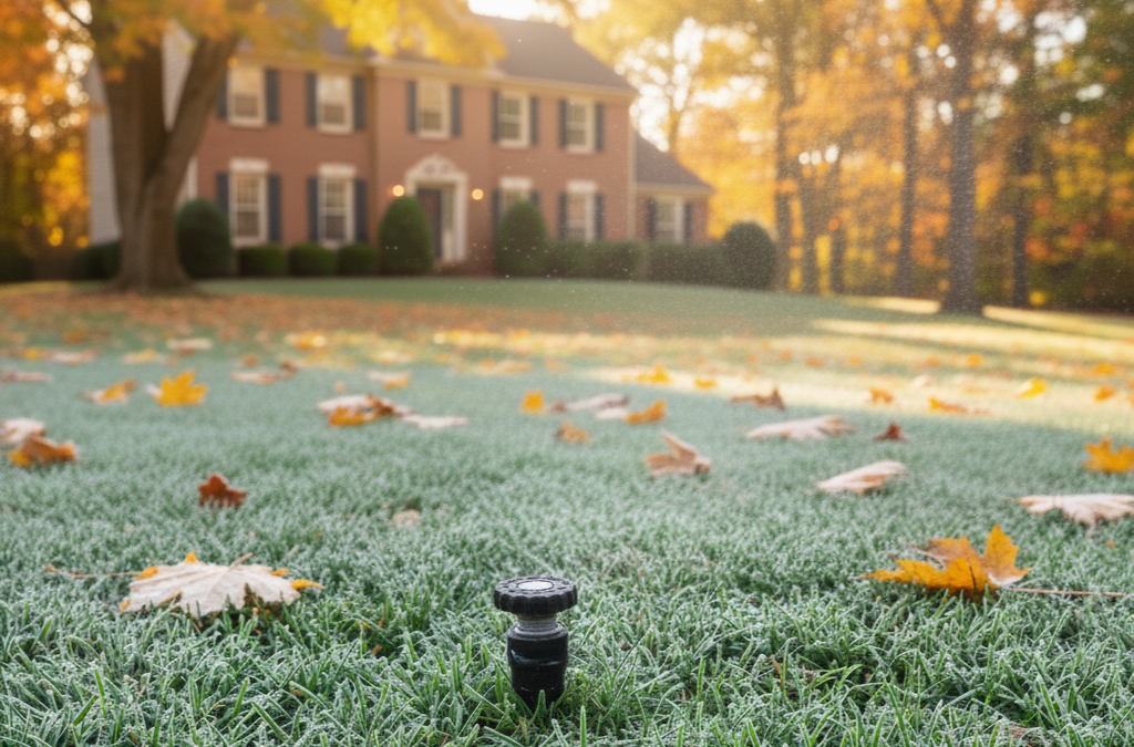 Frosty North Carolina lawn with a sprinkler system in autumn, illustrating irrigation winterization