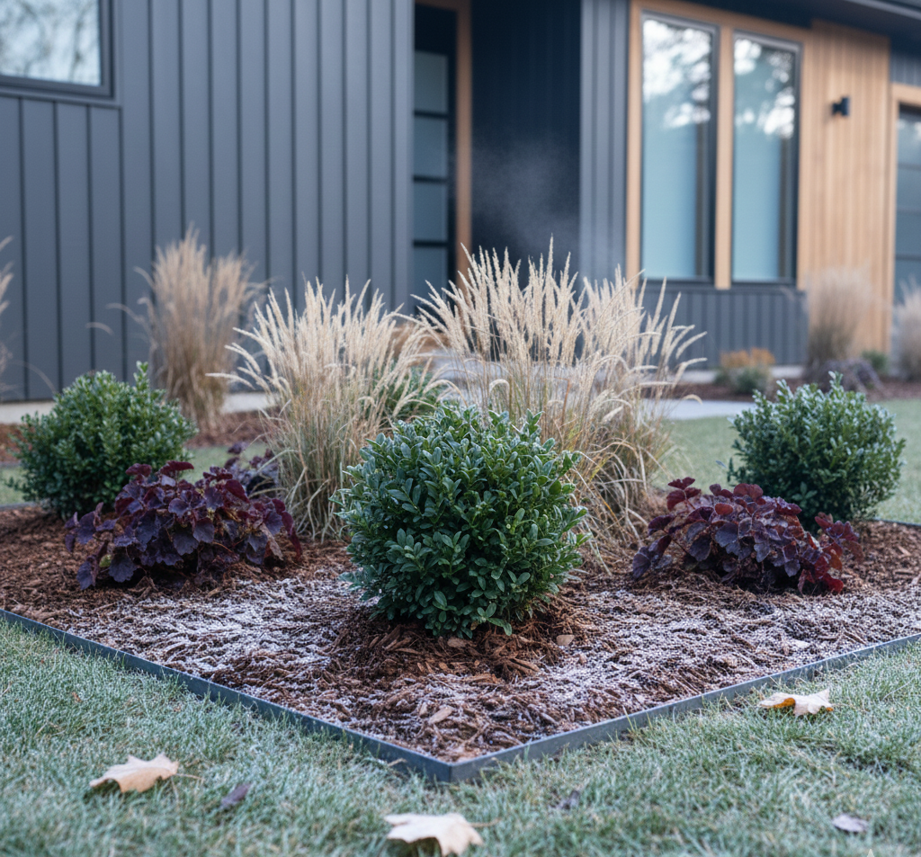 Mulched garden bed with shrubs, grasses lightly covered in frost illustrating winter root protection