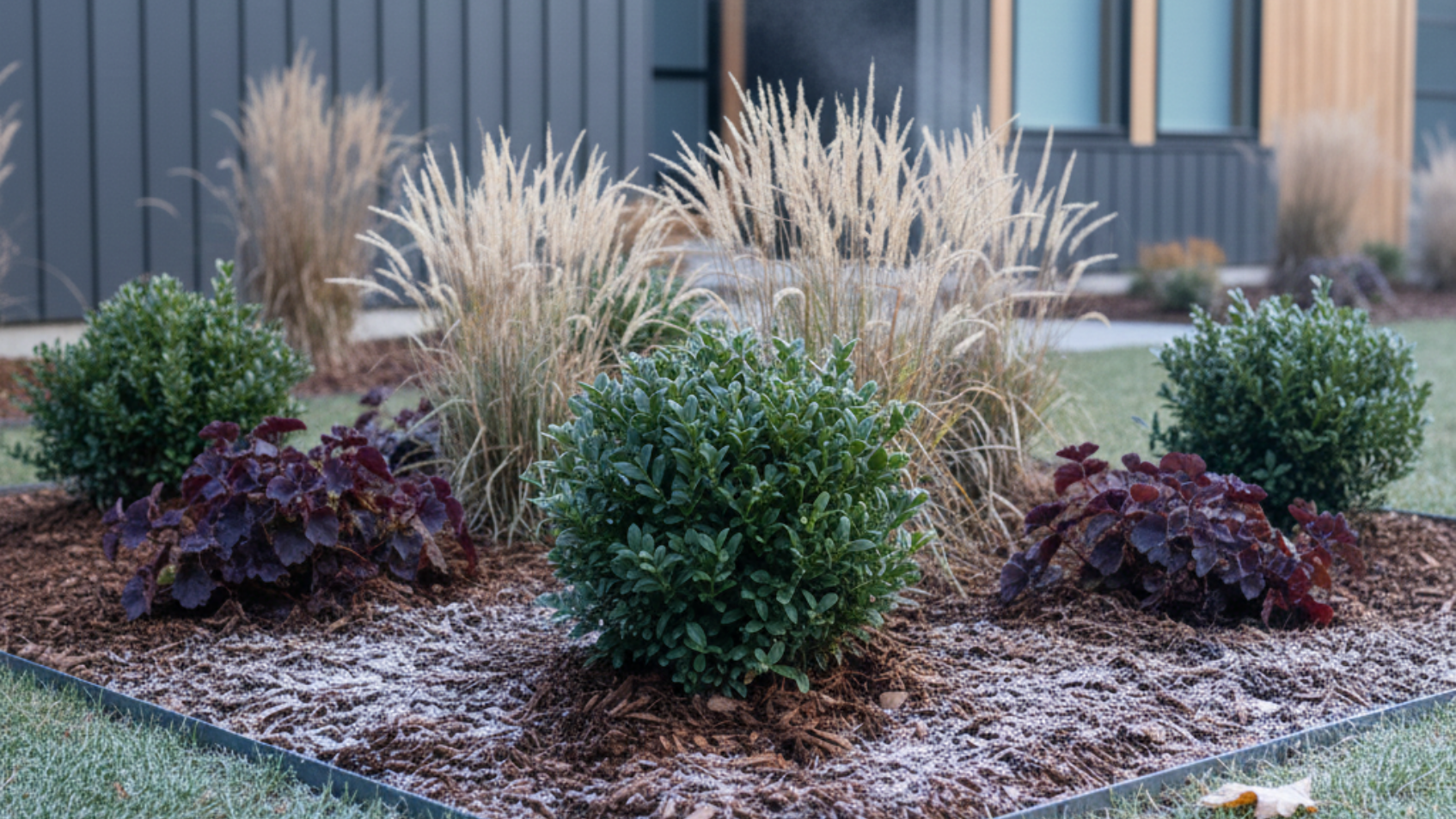 Mulched garden bed with shrubs and grasses lightly covered in frost, illustrating winter root protection.