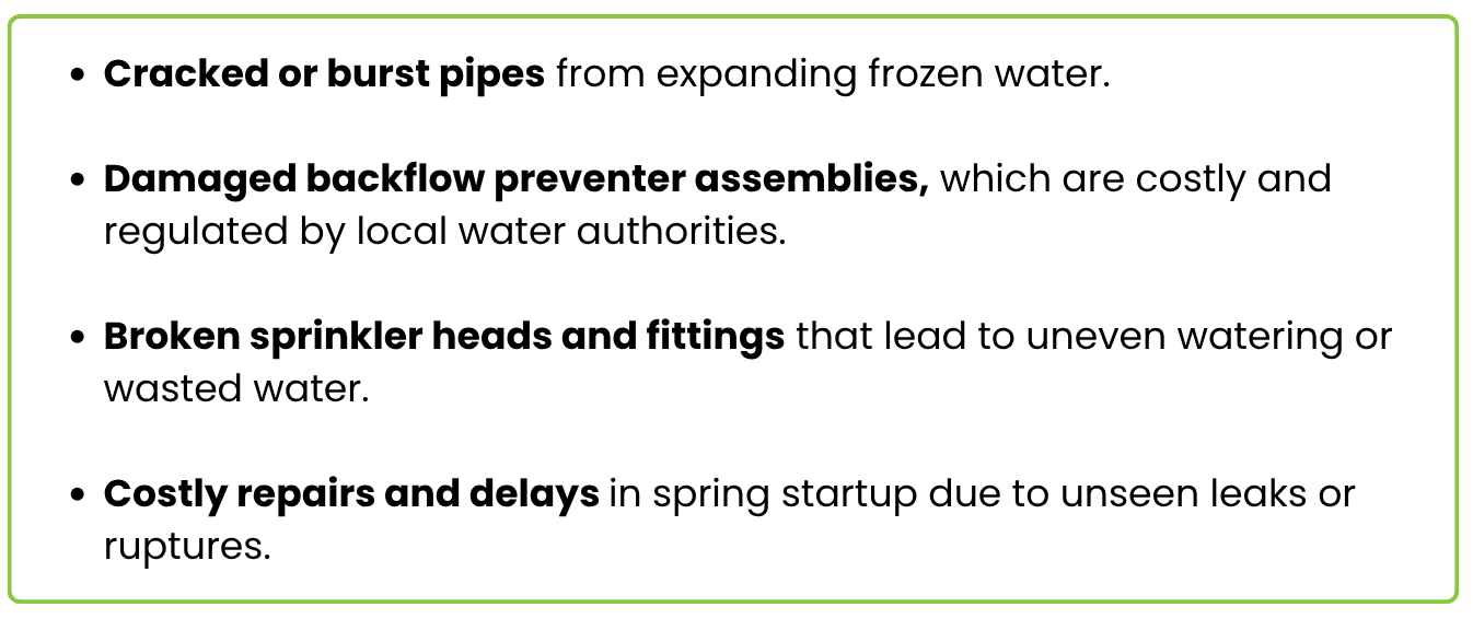 Risks of Skipping Winterization: burst pipes, damaged assemblies, broken heads/fittings, costly repairs.