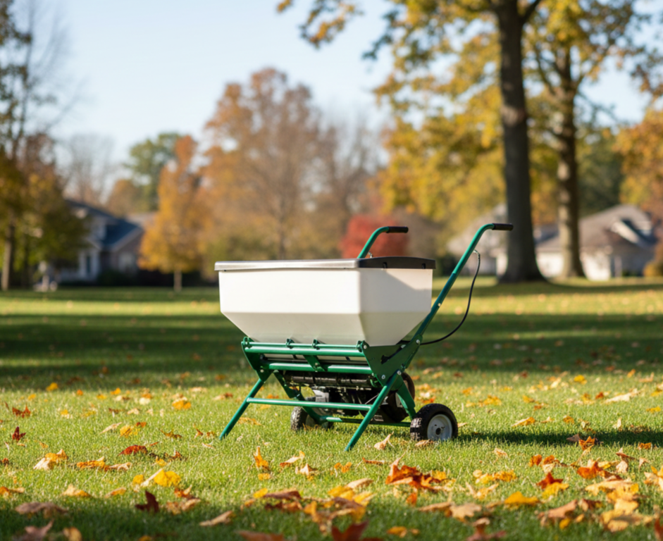 Fertilizer spreader on a fall lawn with leaves, showing the final lawn feeding before winter.