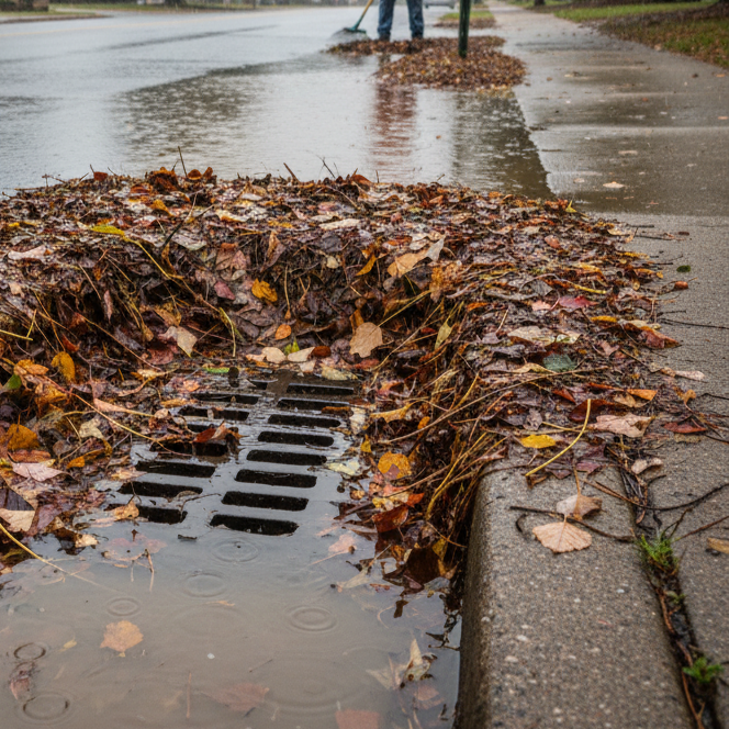 Clogged storm drain covered with fallen leaves after rain, showing how leaf buildup can cause flooding and violate stormwater regulations.