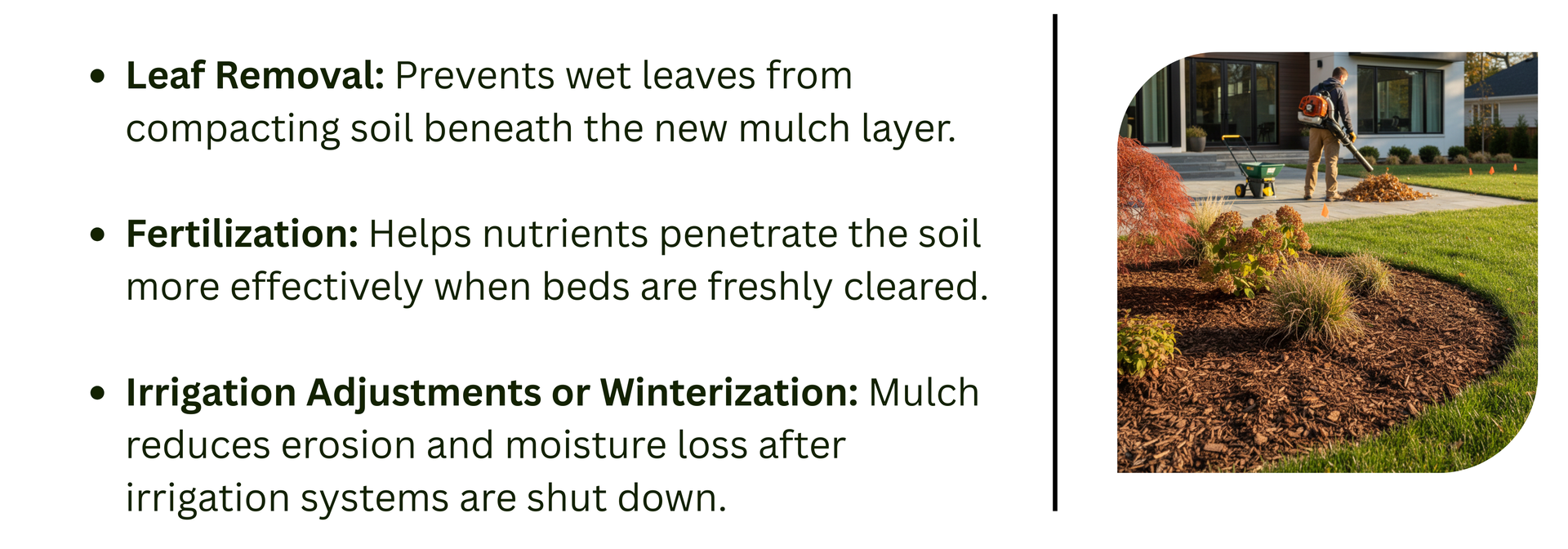 Graphic showing fall service benefitsโleaf removal, fertilization, and irrigation winterizationโbeside a landscaper clearing leaves in a mulched yard.