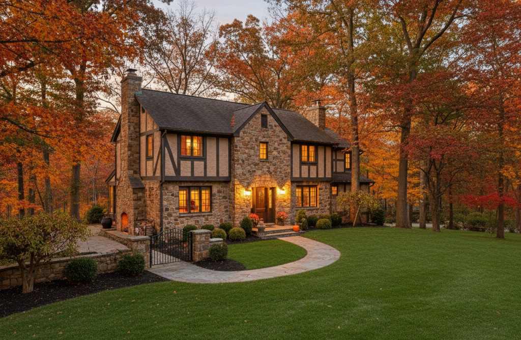 Two-story stone house with a curved walkway, surrounded by fall foliage.