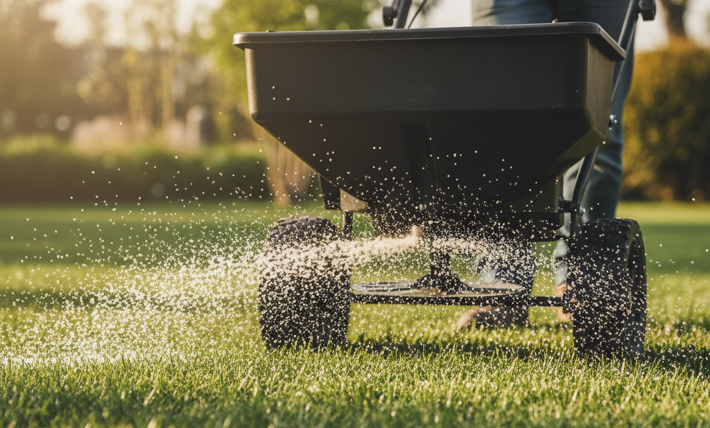 Fall lawn fertilization in progress with a professional using a spreader to apply nutrients evenly across healthy green grass.