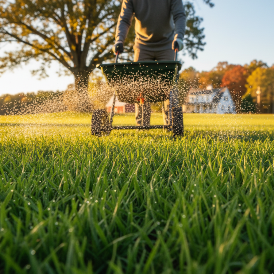 Person spreading fertilizer on a green lawn with a spreader.