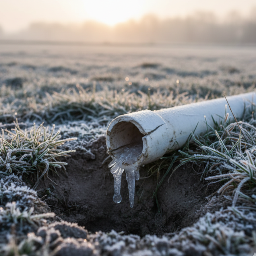 Frozen irrigation pipe with icicles in frosty soil, showing damage risk when sprinkler systems aren’t winterized.
