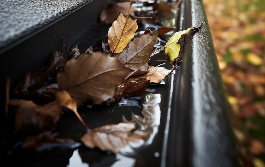 a gutter filled with leaves and water on a rainy day .