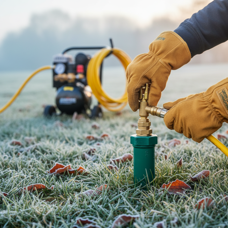 Irrigation technician performing sprinkler system winterization using air compressor on frosty lawn.