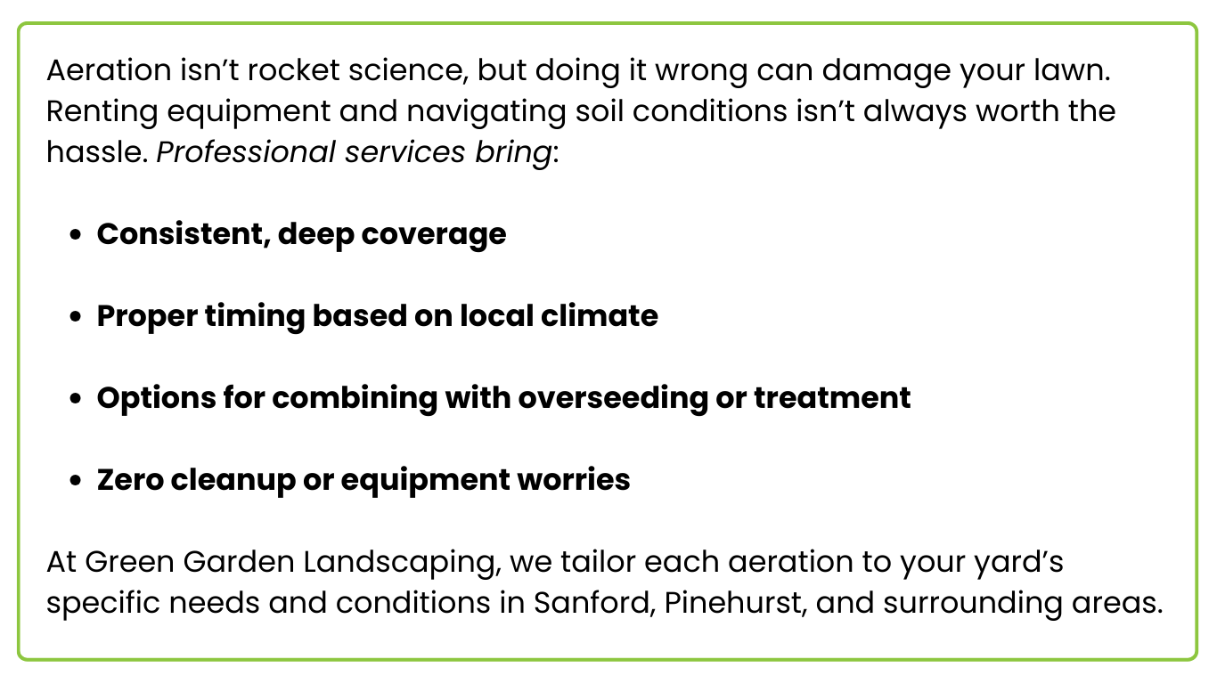 Advertisement for Green Garden Landscaping aeration services, highlighting professional benefits like consistent coverage and no cleanup.