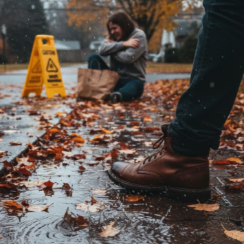 Wet autumn leaves on a North Carolina sidewalk creating slippery conditions โ a reminder of why timely leaf removal prevents falls and improves safety.
