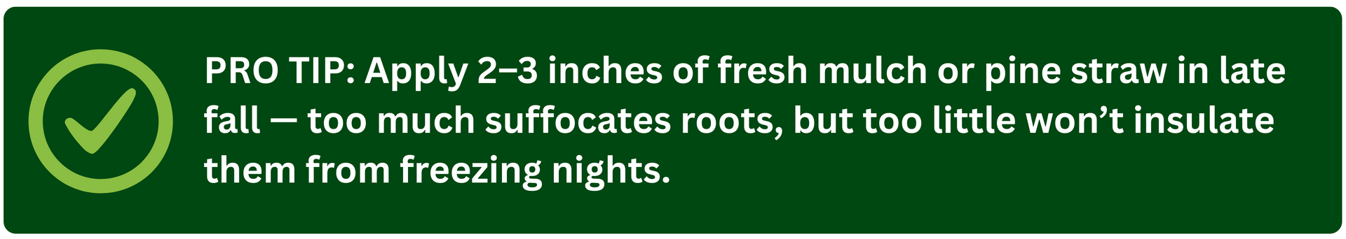 A green Pro Tip panel with a checkmark icon reminding homeowners that 2โ3 inches of mulch or pine straw best protects roots in winter.