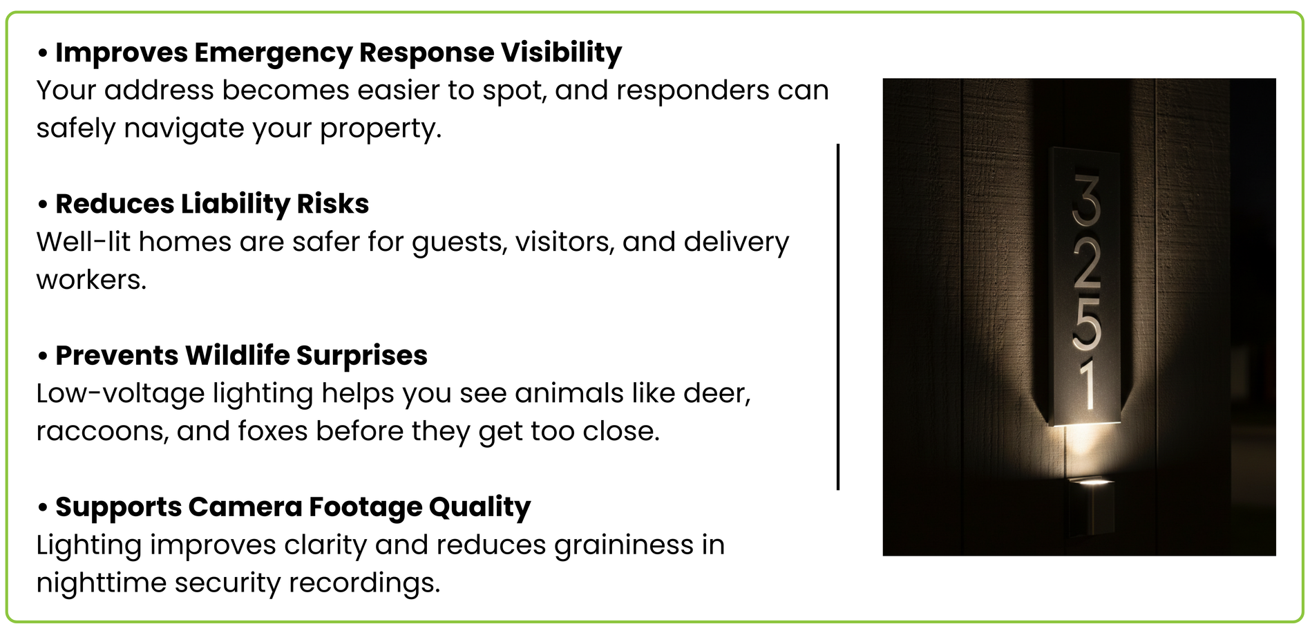 Illuminated address sign, next to a list highlighting safety benefits of landscape lighting, including emergency visibility, reduced liability, wildlife awareness, and improved camera footage.