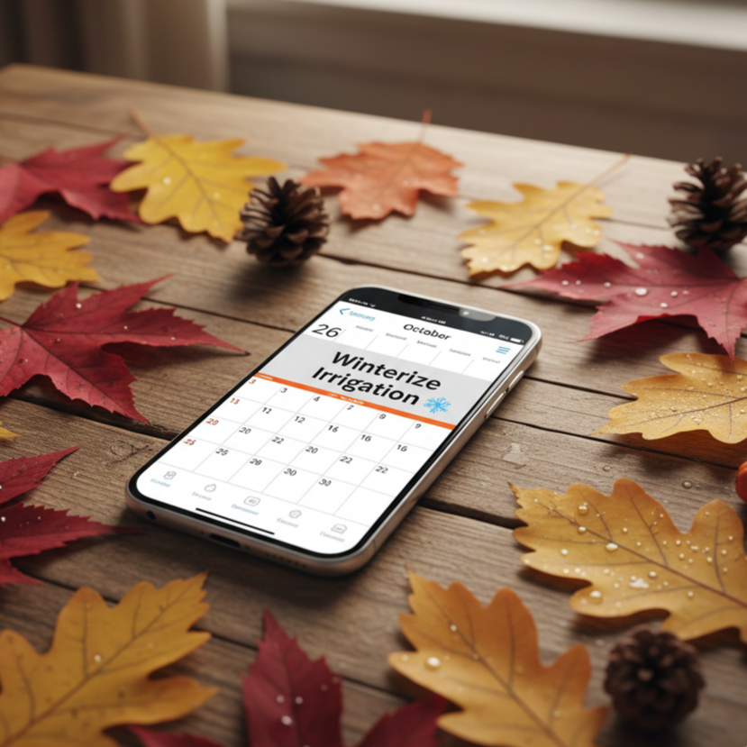 Smartphone showing irrigation winterization reminder on a calendar surrounded by fall leaves, symbolizing fall prep in North Carolina.