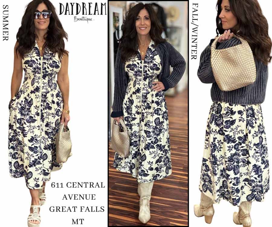 Woman modeling a floral print dress. Daydream Boutique in Great Falls, MT. Summer and Fall/Winter styles.