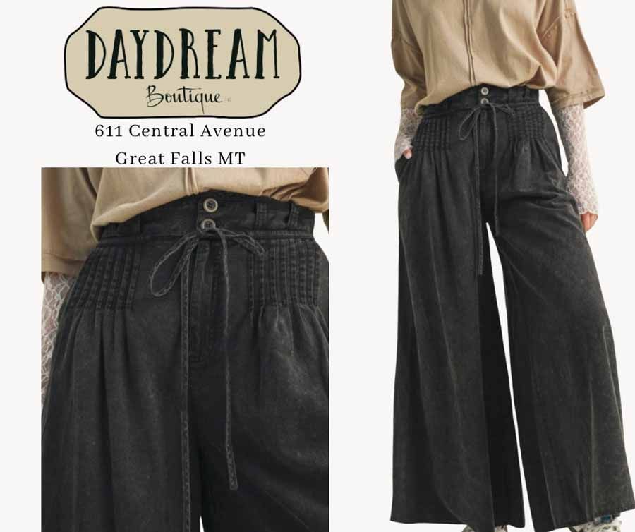 Black wide-leg pants with a drawstring and high waist from Daydream Boutique in Great Falls, MT.