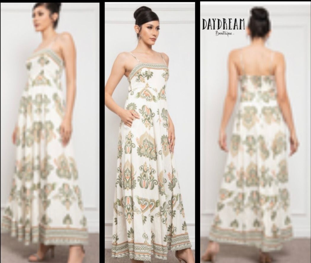 Three-panel image of a woman in a cream-colored, patterned maxi dress.
