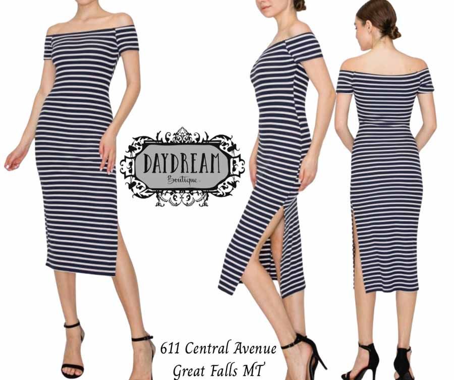 Woman in off-the-shoulder, striped dress poses front, side, and back. Dress has a high slit. Black heels.