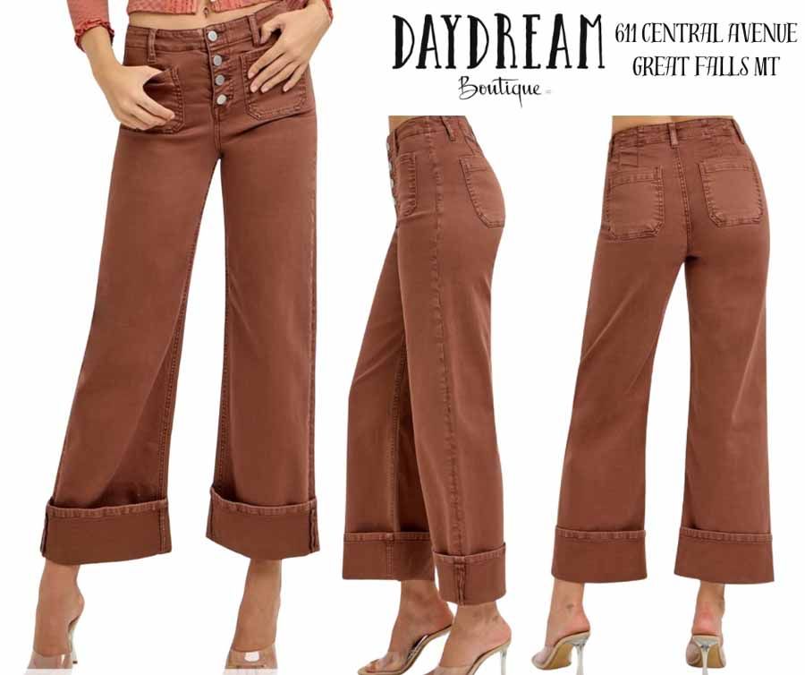 Brown wide-leg jeans with cuffs, featuring multiple views, from Daydream Boutique, Great Falls, MT.