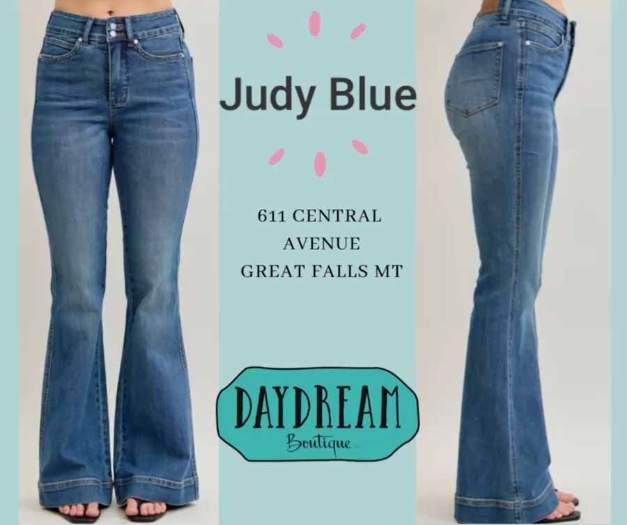 Judy Blue flare jeans, storefront advertising, Daydream Boutique, Great Falls, MT.