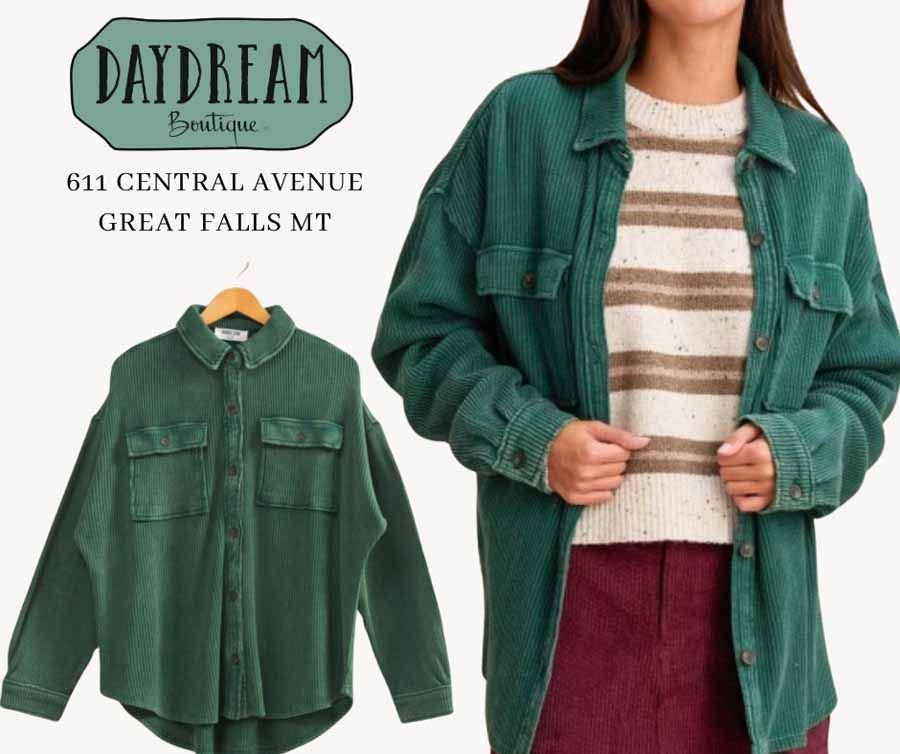Green corduroy shirt displayed at Daydream Boutique, Great Falls, MT.