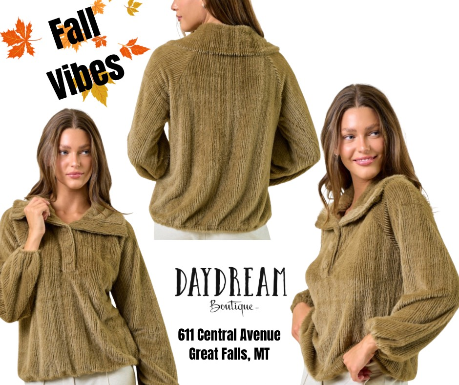 Woman modeling a fuzzy brown sweater from Daydream Boutique in Great Falls, MT. Fall vibes text overlay.