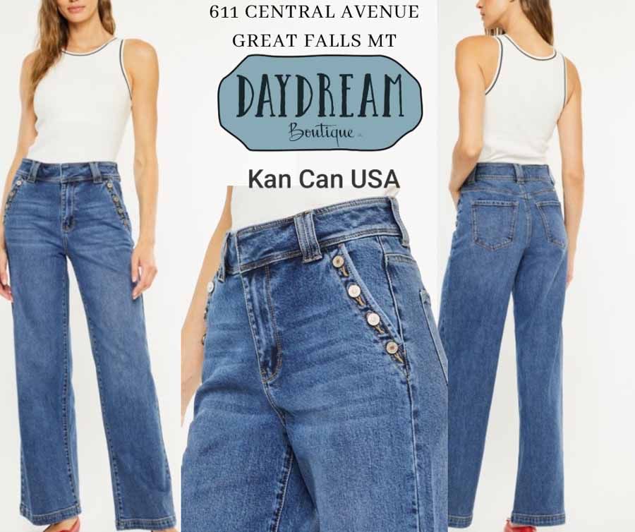 Women modeling wide-leg jeans from Daydream Boutique in Great Falls, MT.