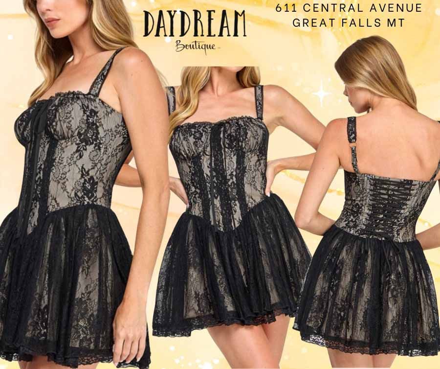 Daydream Boutique ad: Woman in a black lace dress, displayed from multiple angles. Beige underlay, Great Falls MT.