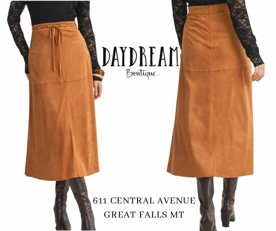 Two views of a tan suede skirt with drawstring, pockets, and a button-up front.